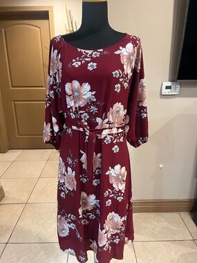 Endless Rose Burgundy Floral Midi Dress with Belt
